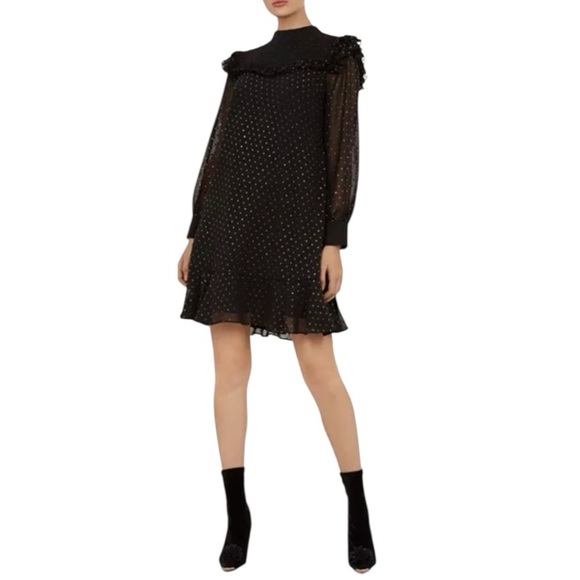 Ted Baker - Rebekha Joyous Ruffled Black Long Sleeve Polka Dots Dress Sz 2 US 6 - Picture 2 of 10